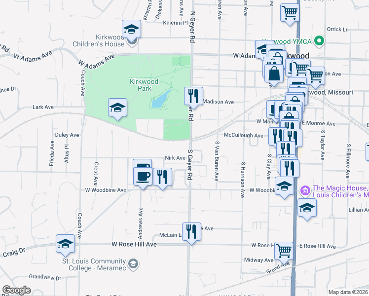 map of restaurants, bars, coffee shops, grocery stores, and more near 448 Colony Woods Drive in Kirkwood