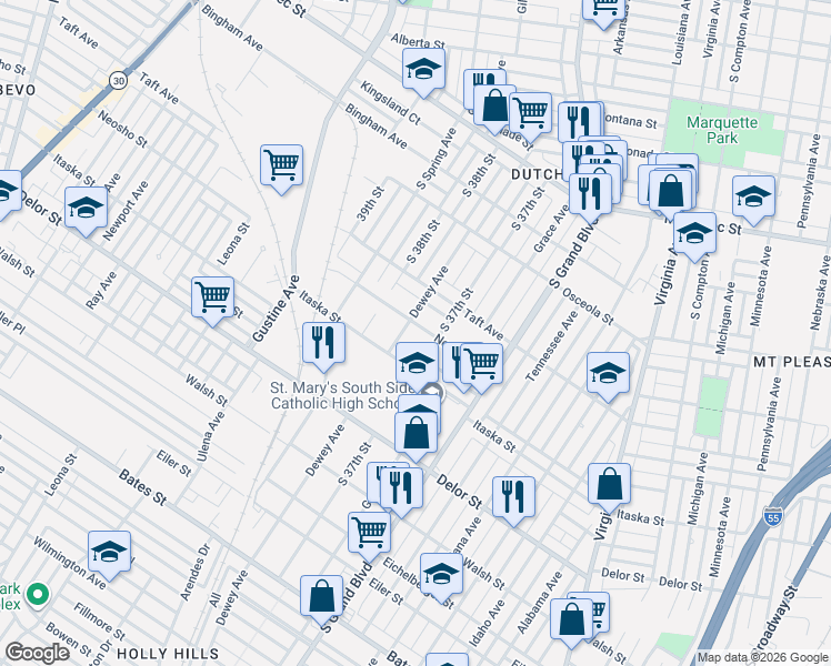 map of restaurants, bars, coffee shops, grocery stores, and more near 3702 Neosho Street in St. Louis