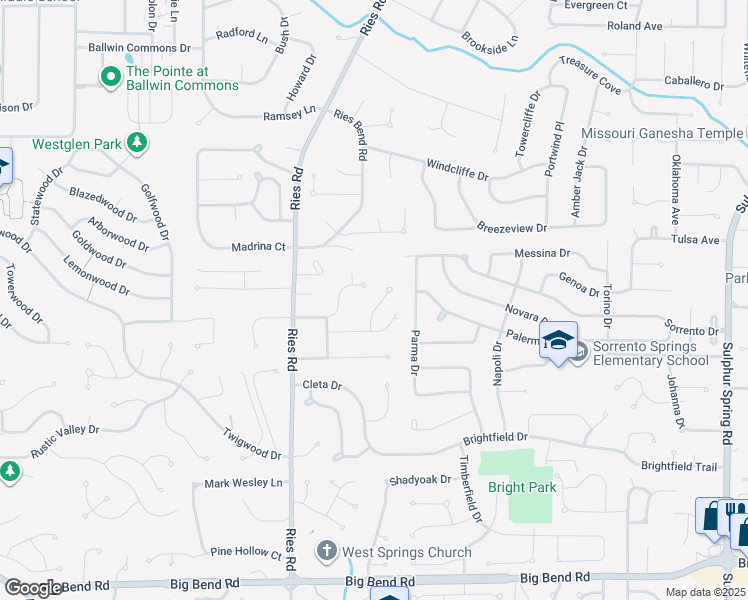 map of restaurants, bars, coffee shops, grocery stores, and more near 421 Holly Garden Court in Ballwin
