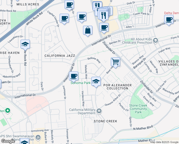 map of restaurants, bars, coffee shops, grocery stores, and more near 3258 Hess Court in Rancho Cordova