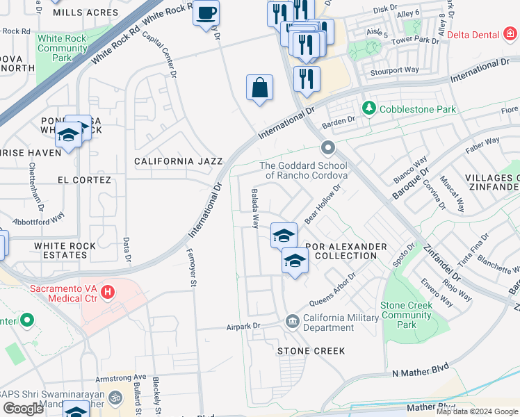 map of restaurants, bars, coffee shops, grocery stores, and more near 3297 Balada Way in Rancho Cordova