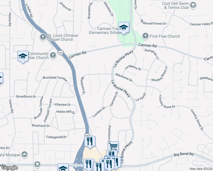 map of restaurants, bars, coffee shops, grocery stores, and more near 813 Dinard Drive in Ballwin