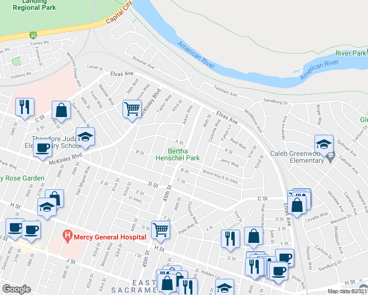 map of restaurants, bars, coffee shops, grocery stores, and more near 104 45th Street in Sacramento