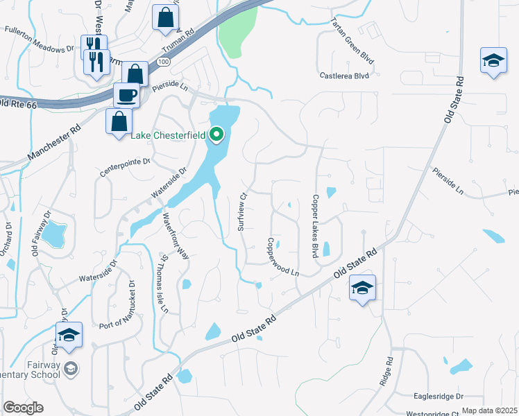 map of restaurants, bars, coffee shops, grocery stores, and more near 16366 Copperwood Lane in Wildwood