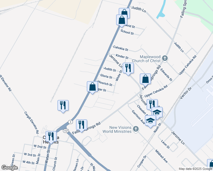 map of restaurants, bars, coffee shops, grocery stores, and more near 16 Hissrich Street in Cahokia