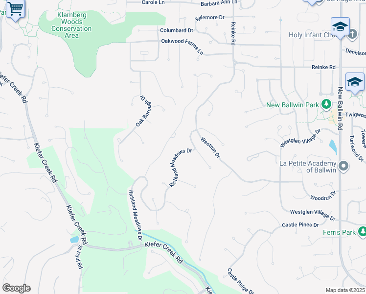 map of restaurants, bars, coffee shops, grocery stores, and more near 1115 Richland Meadows Drive in Ballwin