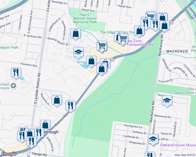 map of restaurants, bars, coffee shops, grocery stores, and more near 7590 Watson Road in St. Louis