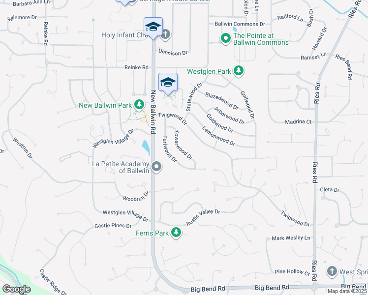 map of restaurants, bars, coffee shops, grocery stores, and more near 666 Towerwood Drive in Ballwin