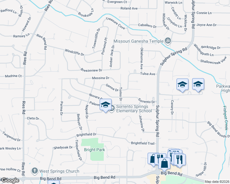 map of restaurants, bars, coffee shops, grocery stores, and more near 394 Genoa Drive in Ballwin