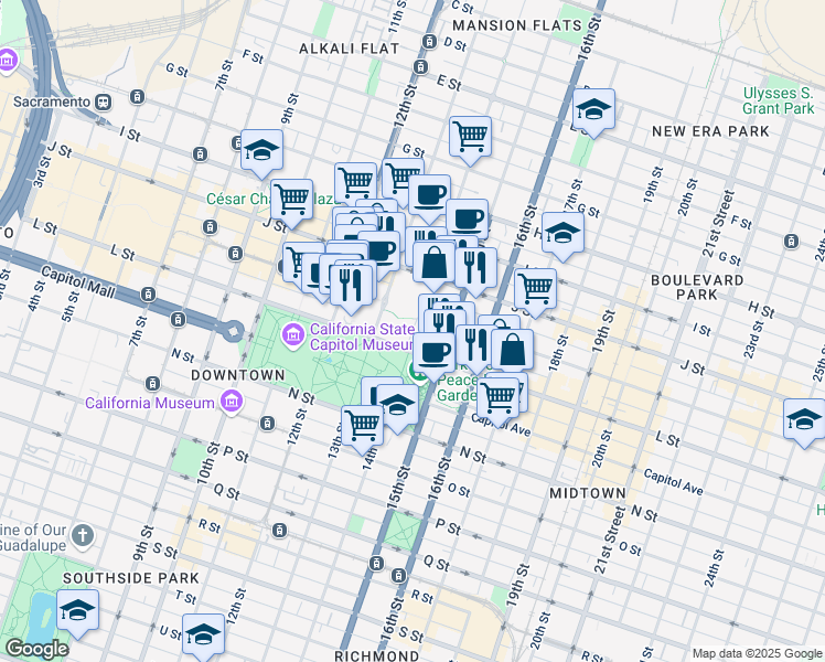 map of restaurants, bars, coffee shops, grocery stores, and more near Kayak Alley in Sacramento