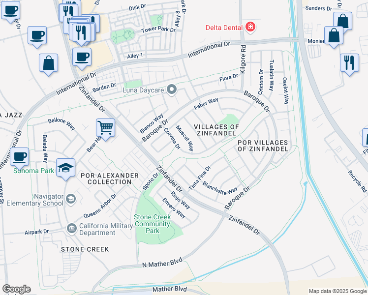 map of restaurants, bars, coffee shops, grocery stores, and more near 3467 Corvina Drive in Rancho Cordova