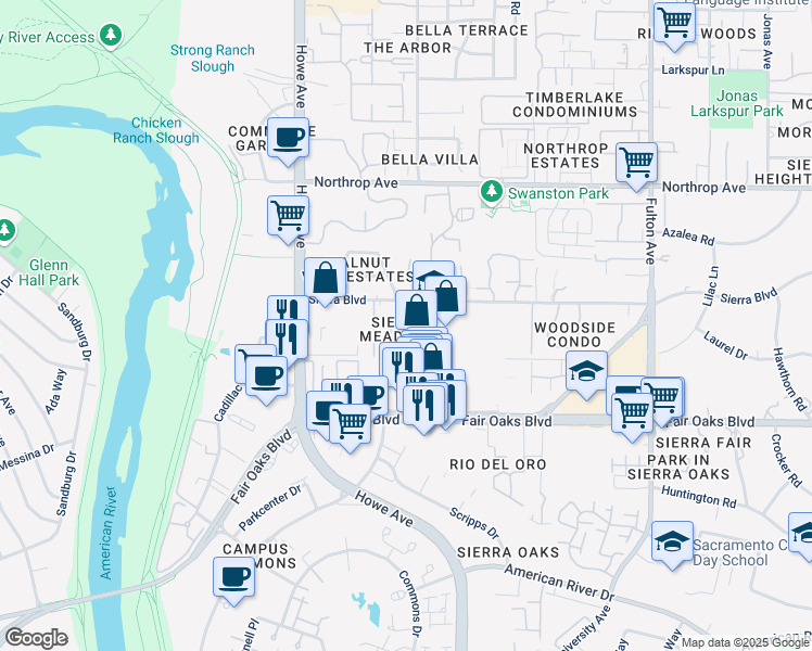 map of restaurants, bars, coffee shops, grocery stores, and more near 2294 Sierra Boulevard in Sacramento