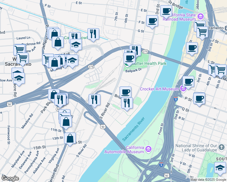 map of restaurants, bars, coffee shops, grocery stores, and more near 870 5th Street in West Sacramento