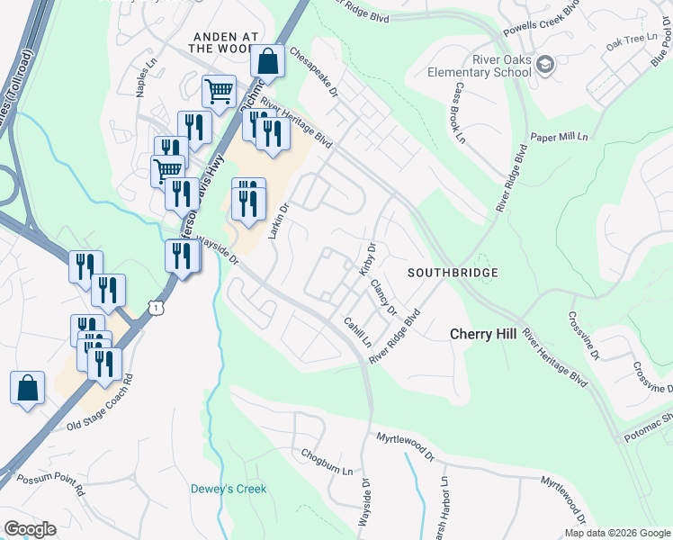 map of restaurants, bars, coffee shops, grocery stores, and more near 17266 Garcia Way in Dumfries