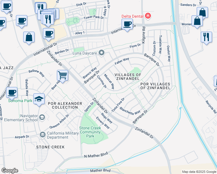 map of restaurants, bars, coffee shops, grocery stores, and more near 3467 Corvina Drive in Rancho Cordova