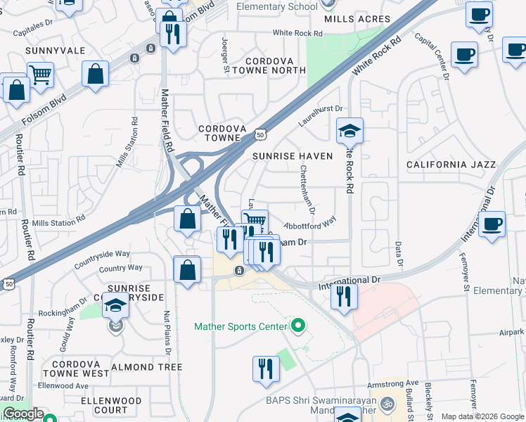 map of restaurants, bars, coffee shops, grocery stores, and more near 10412 Abbottford Way in Rancho Cordova