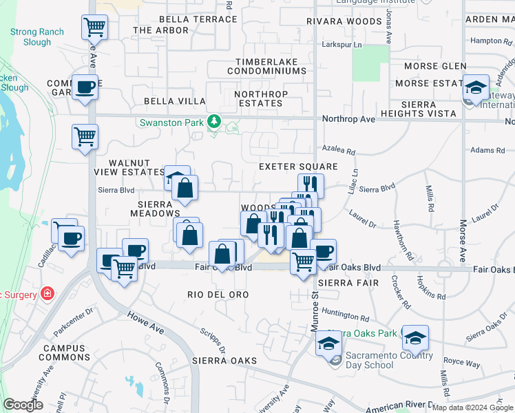 map of restaurants, bars, coffee shops, grocery stores, and more near 510 Woodside Oaks in Sacramento