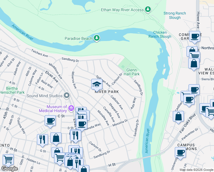 map of restaurants, bars, coffee shops, grocery stores, and more near in Sacramento