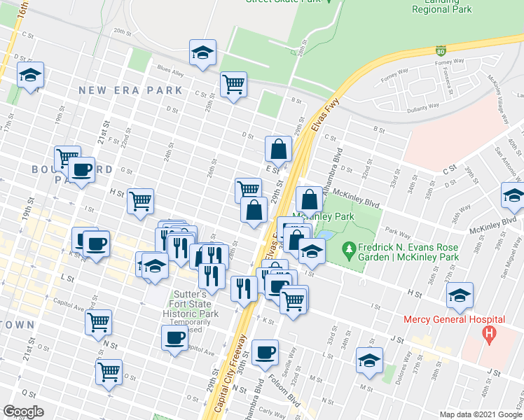 map of restaurants, bars, coffee shops, grocery stores, and more near 2817 G Street in Sacramento