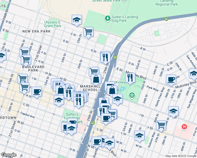 map of restaurants, bars, coffee shops, grocery stores, and more near 2817 G Street in Sacramento