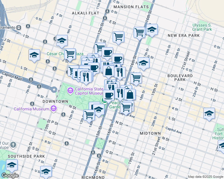 map of restaurants, bars, coffee shops, grocery stores, and more near 1418 K Street in Sacramento