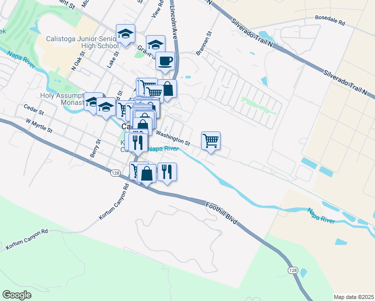 map of restaurants, bars, coffee shops, grocery stores, and more near 713 Washington Street in Calistoga