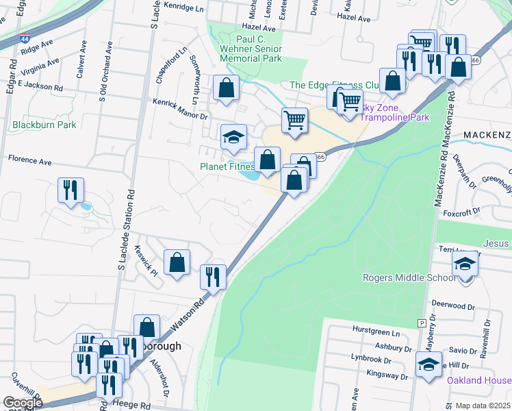 map of restaurants, bars, coffee shops, grocery stores, and more near 7601 Watson Road in St. Louis