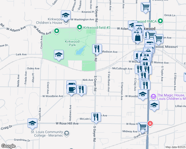 map of restaurants, bars, coffee shops, grocery stores, and more near 448 Colony Woods Drive in Kirkwood