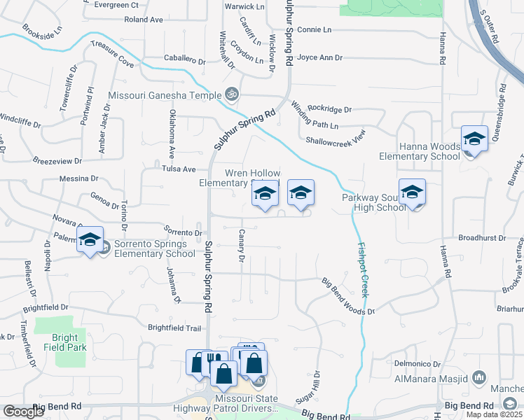 map of restaurants, bars, coffee shops, grocery stores, and more near 609 Audubon Place Court in Ballwin