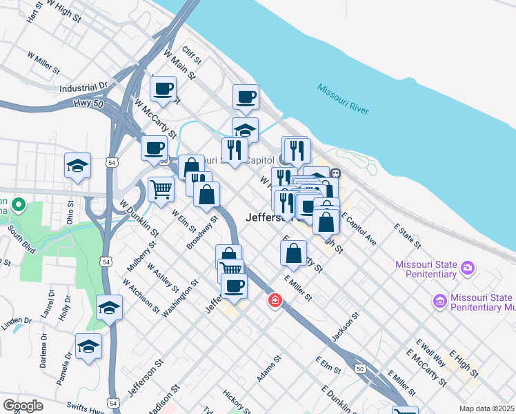 map of restaurants, bars, coffee shops, grocery stores, and more near in Jefferson City