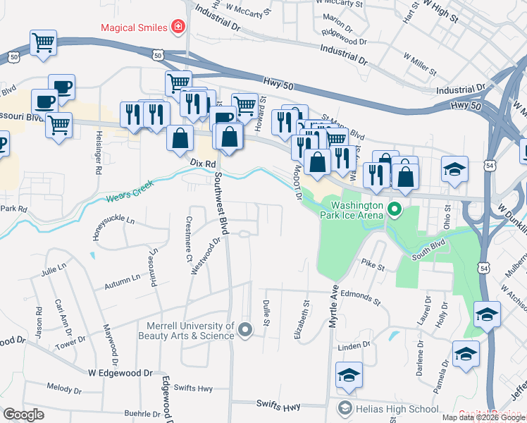 map of restaurants, bars, coffee shops, grocery stores, and more near Glenwood Drive in Jefferson City