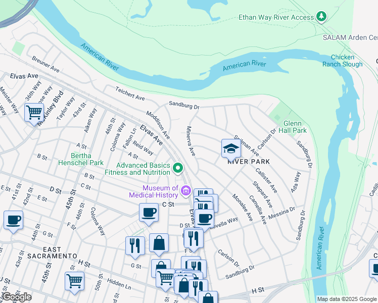 map of restaurants, bars, coffee shops, grocery stores, and more near 5270 Minerva Avenue in Sacramento