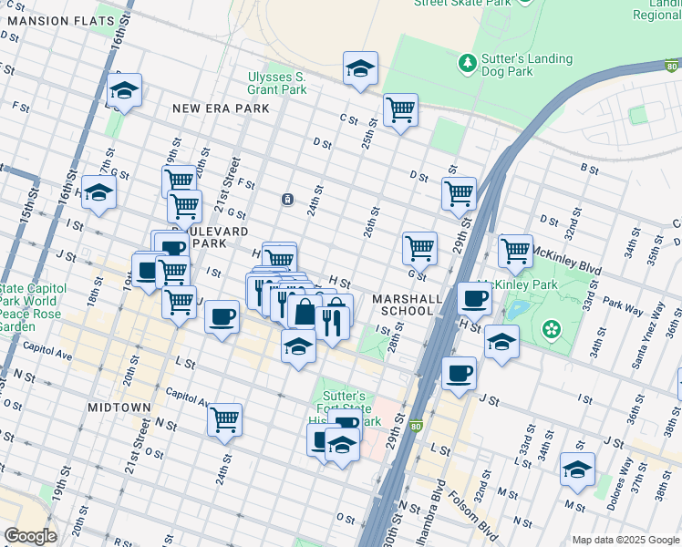 map of restaurants, bars, coffee shops, grocery stores, and more near 2519 H Street in Sacramento