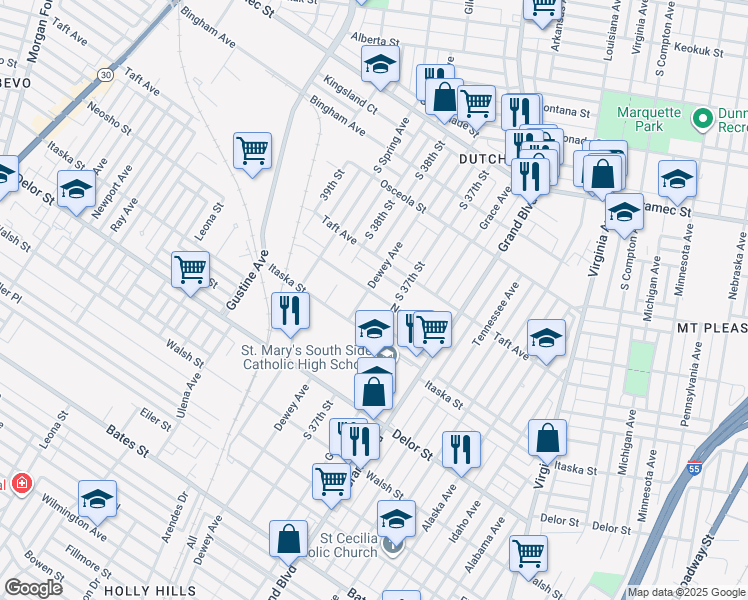 map of restaurants, bars, coffee shops, grocery stores, and more near 3722 Neosho Street in St. Louis