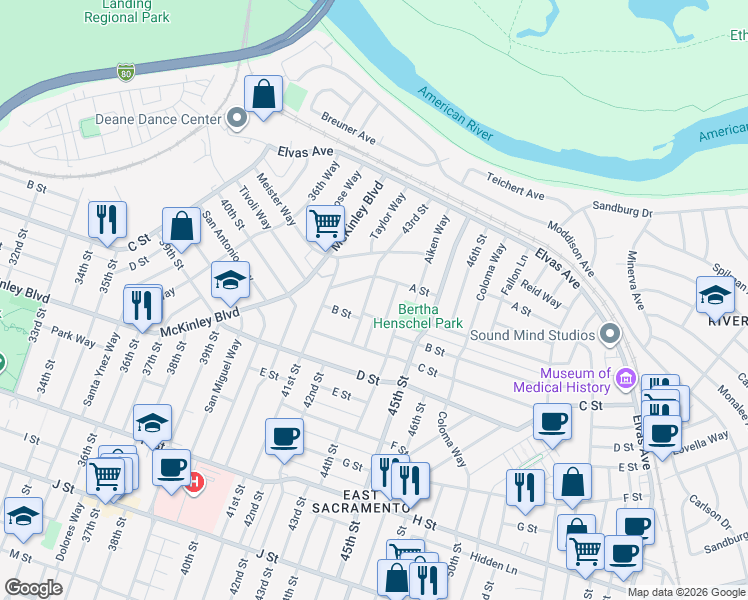 map of restaurants, bars, coffee shops, grocery stores, and more near 121 44th Street in Sacramento