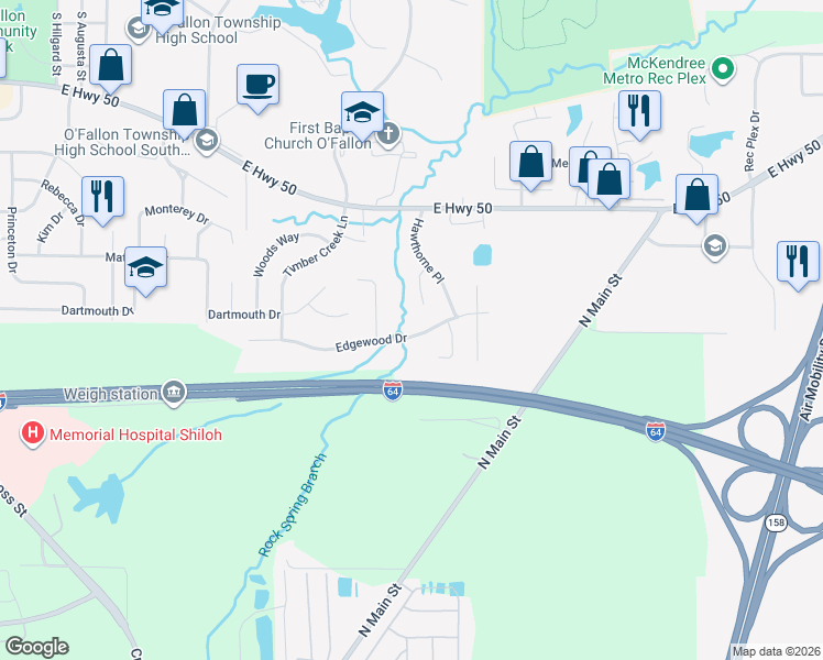 map of restaurants, bars, coffee shops, grocery stores, and more near 1046 Edgewood Drive in O'Fallon