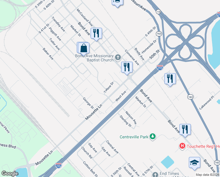 map of restaurants, bars, coffee shops, grocery stores, and more near 609 50th Street in East St. Louis