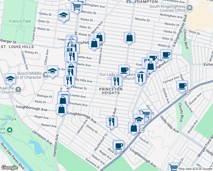 map of restaurants, bars, coffee shops, grocery stores, and more near in St. Louis