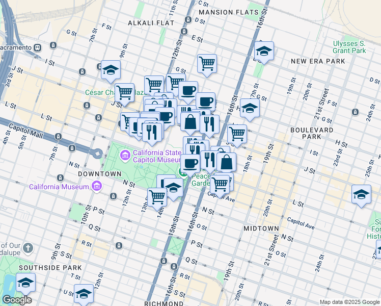 map of restaurants, bars, coffee shops, grocery stores, and more near 1418 K Street in Sacramento