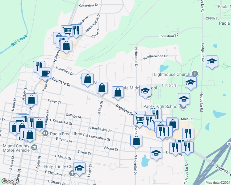 map of restaurants, bars, coffee shops, grocery stores, and more near 601 North East Street in Paola