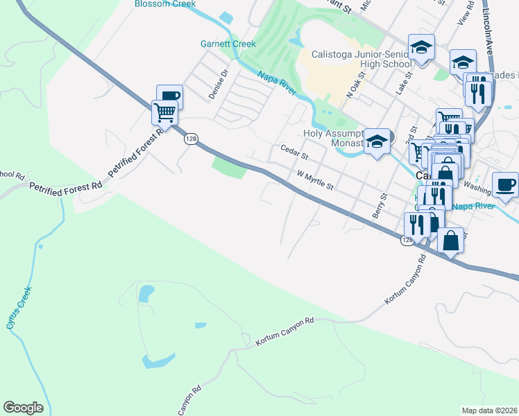 map of restaurants, bars, coffee shops, grocery stores, and more near 308 High Street in Calistoga