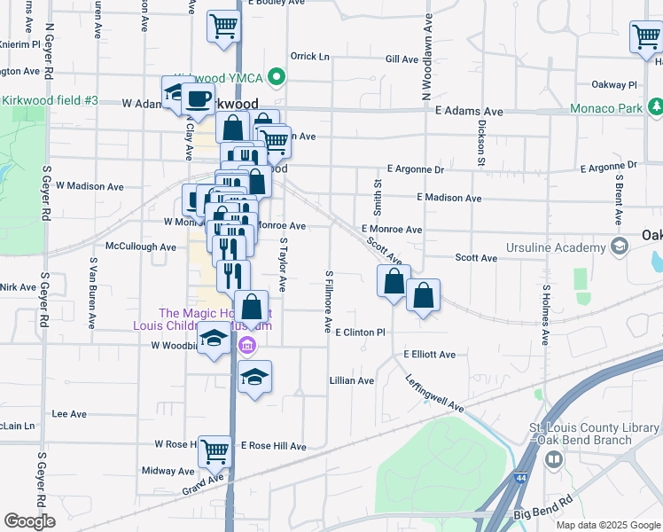 map of restaurants, bars, coffee shops, grocery stores, and more near 334 South Fillmore Avenue in Kirkwood