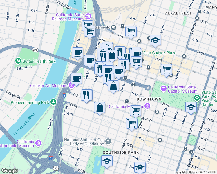 map of restaurants, bars, coffee shops, grocery stores, and more near 1421 5th Street in Sacramento