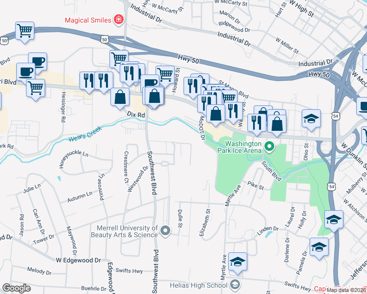 map of restaurants, bars, coffee shops, grocery stores, and more near 841 Southwest Boulevard in Jefferson City