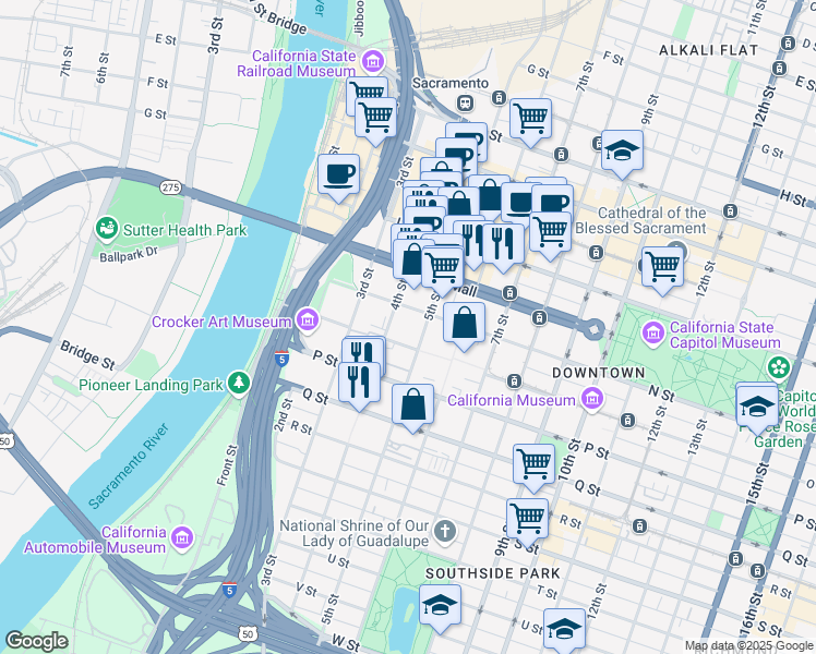 map of restaurants, bars, coffee shops, grocery stores, and more near 450 N Street in Sacramento