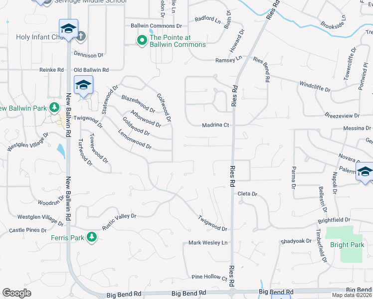map of restaurants, bars, coffee shops, grocery stores, and more near 460 Talbert Court in Ballwin