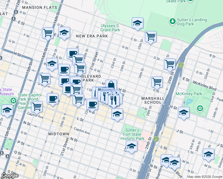 map of restaurants, bars, coffee shops, grocery stores, and more near 2323 I Street in Sacramento