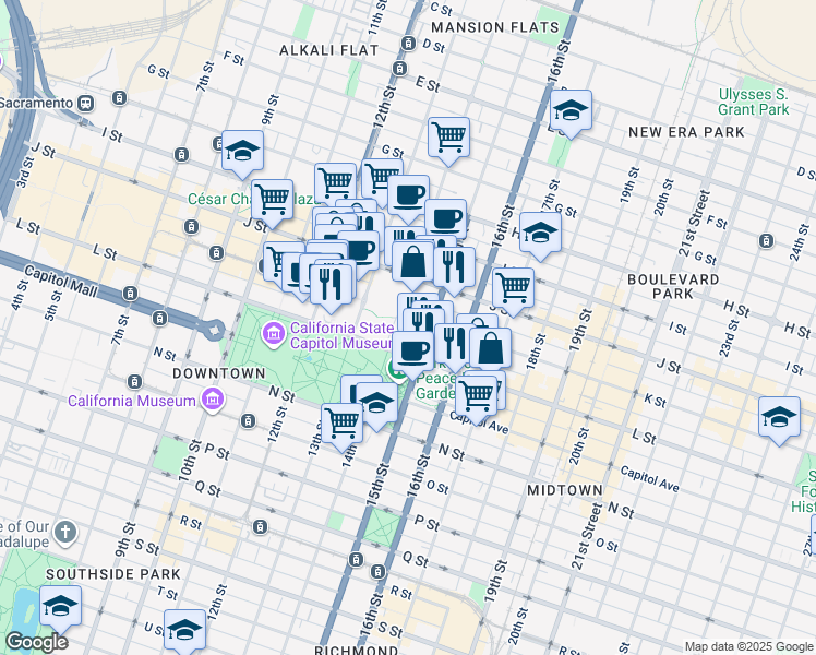 map of restaurants, bars, coffee shops, grocery stores, and more near 1418 K Street in Sacramento