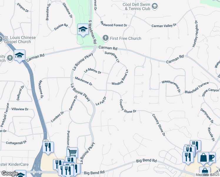 map of restaurants, bars, coffee shops, grocery stores, and more near 1505 Mautenne Drive in Ballwin