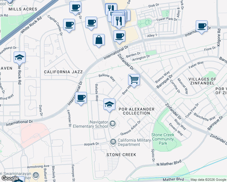 map of restaurants, bars, coffee shops, grocery stores, and more near 3249 Aboto Way in Rancho Cordova